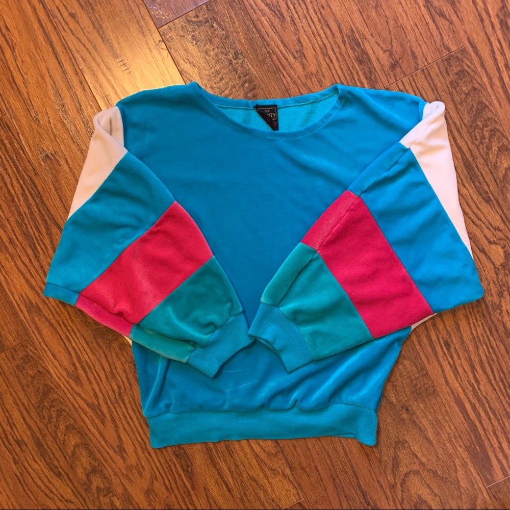 Vintage 1980’s Green Pink Velour Top Small